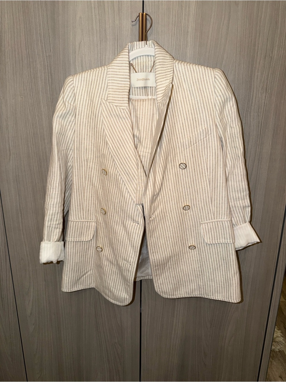 ZIMMERMANN Striped Double-Breasted Blazer & Shorts in Cream and Beige